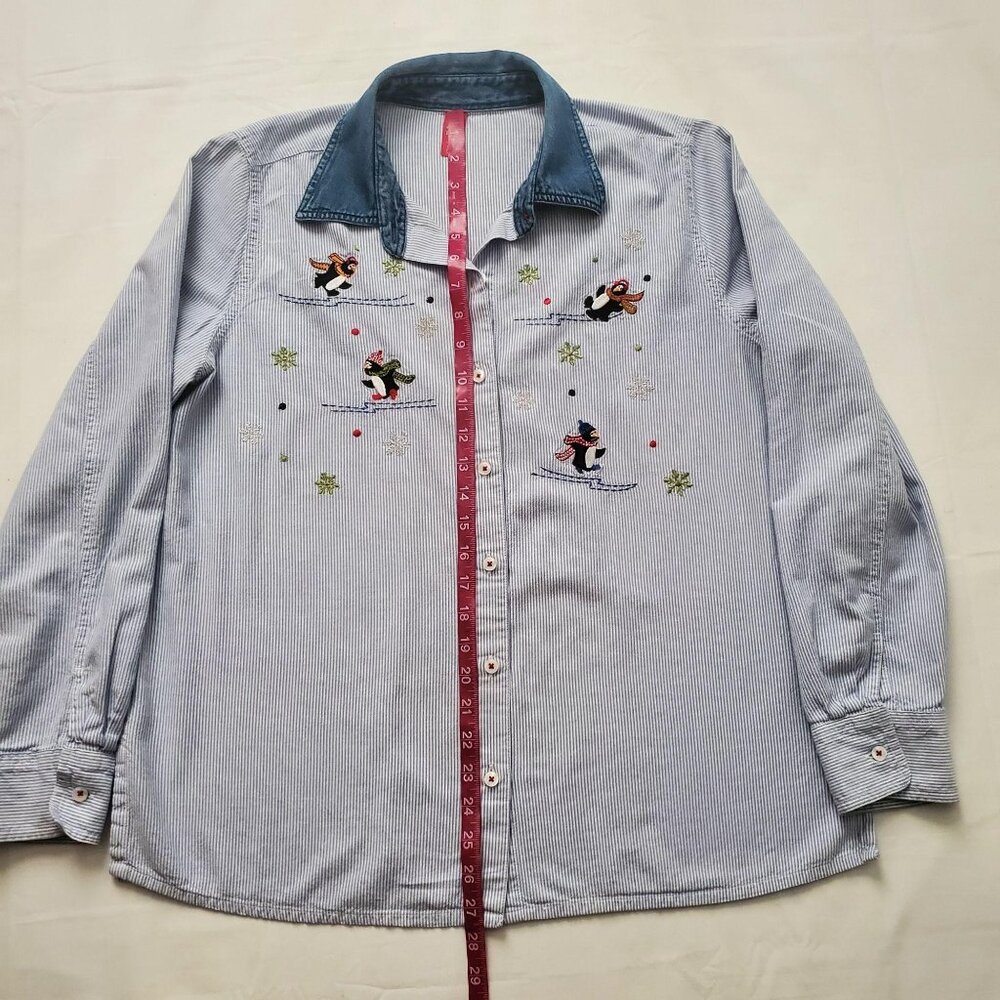 Women’s Striped Skating Penguins Winter Holiday LS Woven Shirt Size L/G (12-14) - Picture 9 of 9